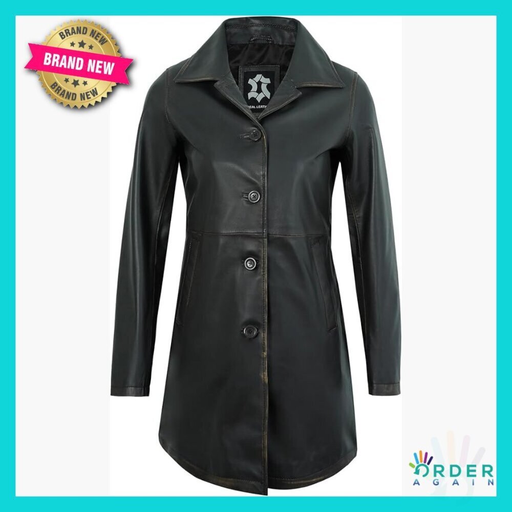 Real Lambskin Leather Car Coat Elegant Classic Chic Oversized Long Jacket
